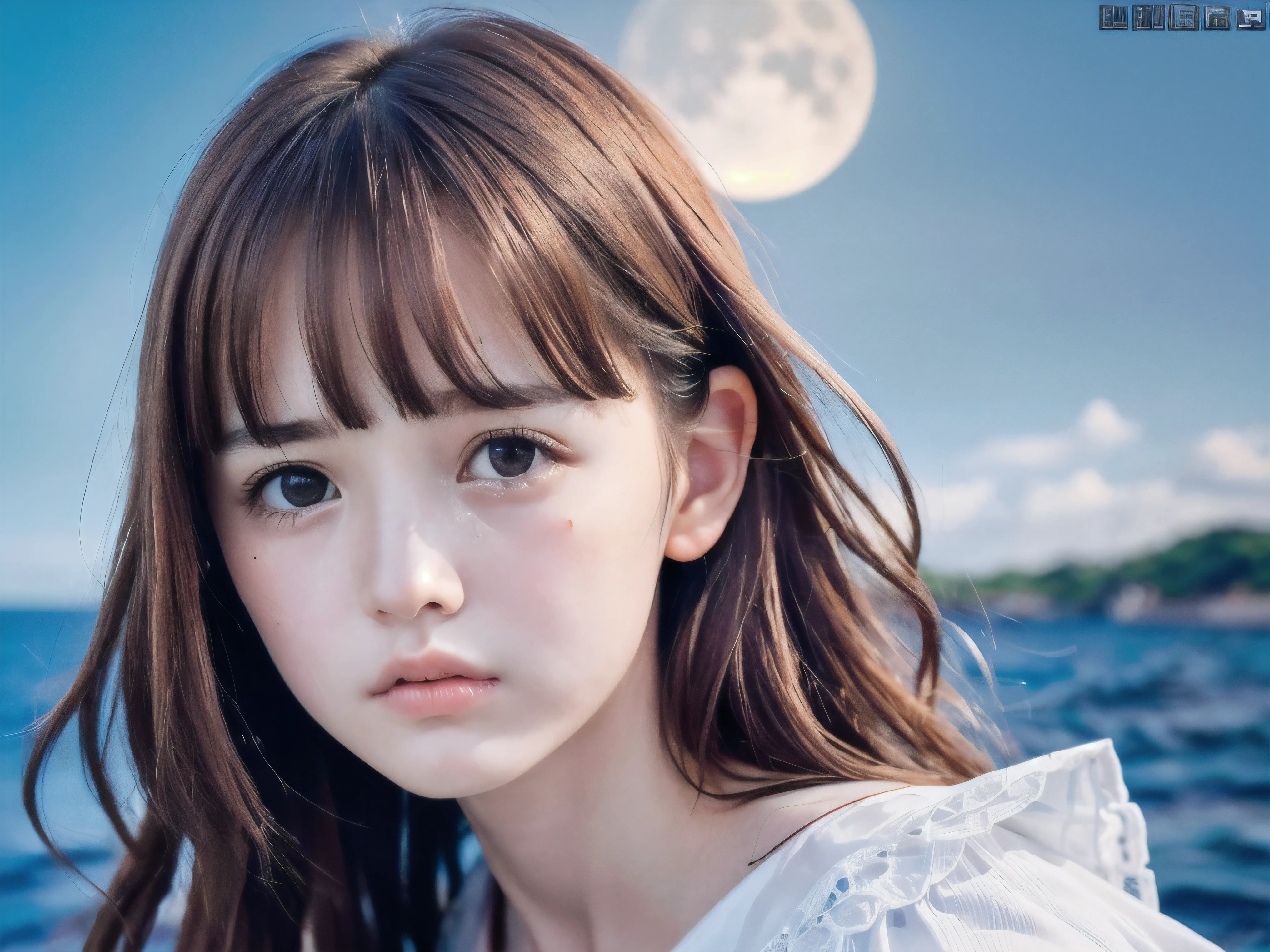 (Close up face shot of slender small-breasted red brown wavy long hair with dull bangs girl wearing a white summer dress:1.5)、(One girl is turn around and big crying face with tears at the cape of the sea in Japan:1.5)、(Beautiful full moon night on the sea:1.5)、(blurred background:1.5)、(8k ultra detailed master piece:1.5)、(perfect anatomy:1.5)、(Photorealistic stick:1.5)、(Raw photo:1.3)、(highest quality:1.5)、(High resolution:1.3)、(Delicate and beautiful perfect face:1.3)、(Delicate and beautiful eye air skin:1.3)、(Real Human Skin:1.3)、((thin legs))