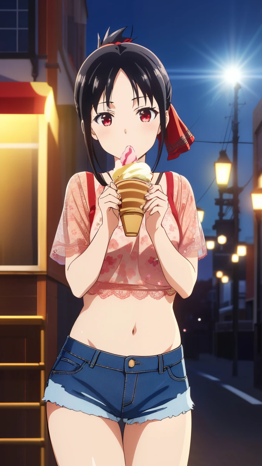 (best quality, masterpiece, 8k:1.2), (anime:1.2), detailed, Shinomiya Kaguya,1girl, solo, (black hair:1.2), side Lock, red eyes, short hair, folded ponytail, red hair ribbon, eye light, small medium breasts, (Ice cream print, Neon garland, Underwear, Lace, Cat print, belly button, Ultra short fit stamper flounces, Mesh tights, Short denim shorts, city, night),
Definition CG Unity, Perfect lit, bright_front_face_lit,Super detailed, photograph, 8K, nffsw, High resolution, (absurd:1.2), kodak portrait 400, film grain, Lens flare, (lively_color:1.2), looking at the viewer, (cowboy shot:1.2), dynamic angle, 