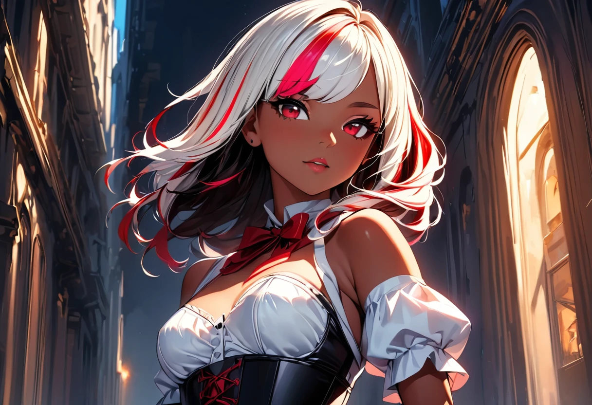 (highest quality:1.2, Very detailed, up to date, Vibrant, Ultra-high resolution, High Contrast, masterpiece:1.2, highest quality, Best aesthetics), Portraiture、girl、singer, solo, ((25-years-old:1)), Bright colors, Beautiful fine details、Beautiful lip detail、midium wave hair、red and white ((streaked hair:1.6)), highlights hair: 1.5, red eyes, slim body, medium breast, (tan skin:1.1), (Boudoir Corset:1.3), no sleeve, sexy, classic building, upper body, looking forward, look at viewer,