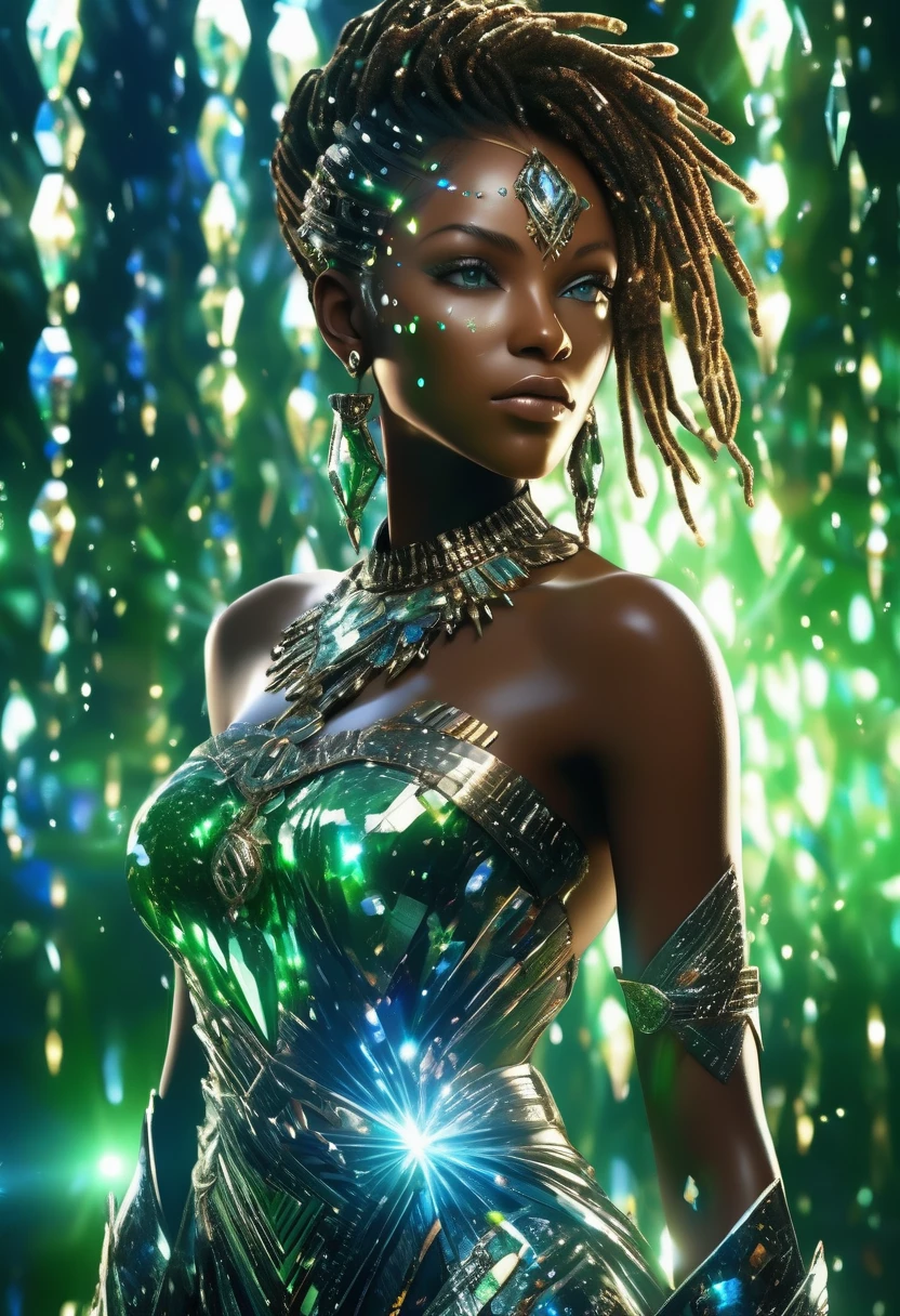 Full body shot of beautiful black woman in african clothes, blue eyes, green light rays shining all over her skin, glittering wet skin, in an empty area full of abstract shaped reflecting crystals with green light rays bouncing on the reflecting crystals,3d animated image in the style of final fantasy 7, very high detailed and clear image, 32k high definition and high resolution images, unreal engine 5 rendered. Hyper-realistic images with high detailed features providing a viewer with a clear high definition well created masterpiece of art..