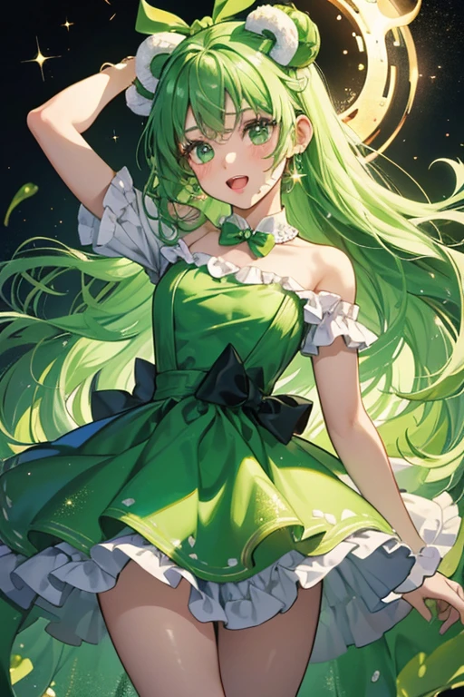 A green girl bear Num with a wide-opened mouth. She looks like Churro with lime goo dripping down her head. She is coated with glitter, along with a dark green bow adorning her right ear. SPARKLE; GLITTER