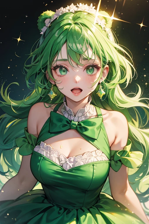 A green girl bear Num with a wide-opened mouth. She looks like Churro with lime goo dripping down her head. She is coated with glitter, along with a dark green bow adorning her right ear. SPARKLE; GLITTER