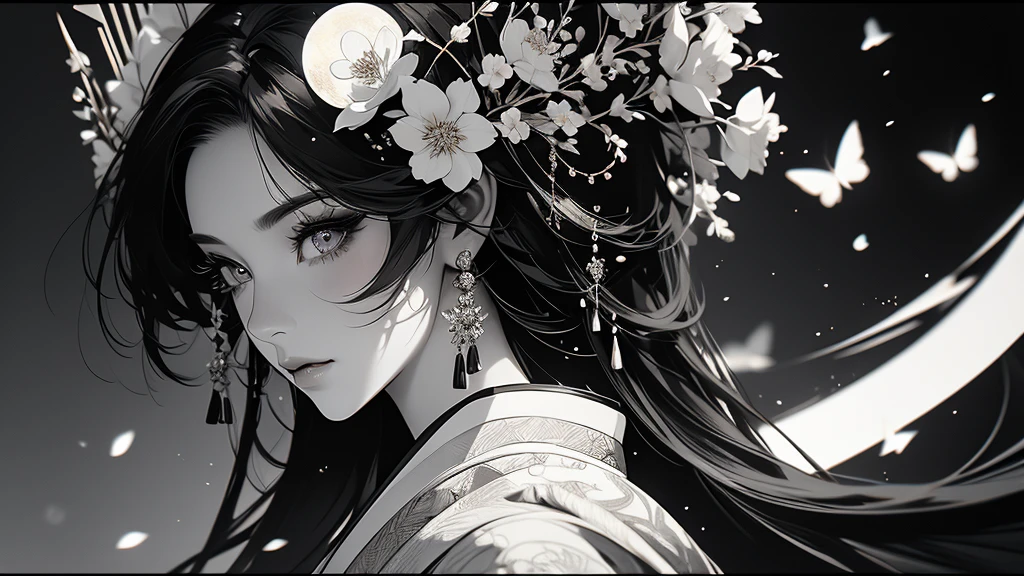 beautiful geisha girl, sakura blossoms, fujii mountain, moonlight, white and black blood color palette, sumi-e ink effects, detailed face, detailed eyes, detailed lips, long eyelashes, detailed ornaments, elegant kimono, graceful pose, cinematic lighting, highly detailed, 4k, photorealistic, masterpiece, красивые выразительные глаза