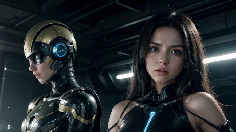 A humanoid @Rebecca Confrontation: The battle between the cyborgs and the AI, highlighting Rebecca’s unique abilities.