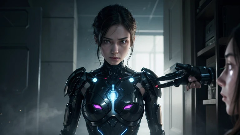A humanoid @Rebecca Confrontation: The battle between the cyborgs and the AI, highlighting Rebecca’s unique abilities.