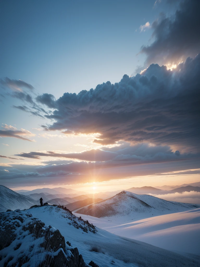 Film art, conceptual artwork, work of art, wide angle perspective, S-shaped composition, an image of the mountain landscape from near to far in a cinematic vision, with distinct levels, clear high and low, distant sunset on top of a snowy mountain, HD texture, snowy mountains in distant layers, white clouds,