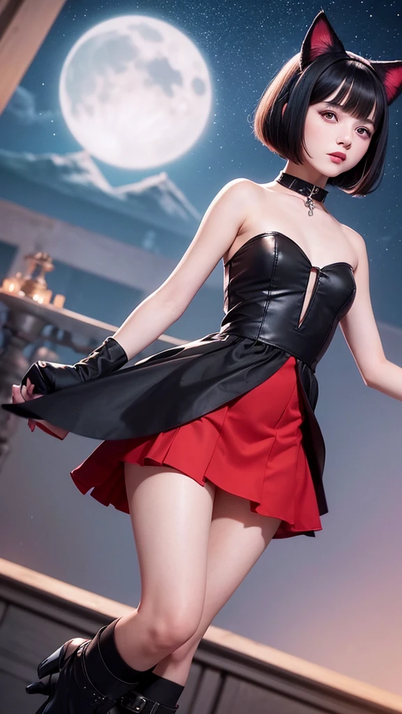 Delicate and dainty young woman with glossy bob-cut black hair and real cat ears. She is wearing cute red wear with a mini-skirt. The background is a fantastic night sky as if possessed by a specter. Her expression is solemn and atmospheric. 10 years old, real photo style, beautiful face.