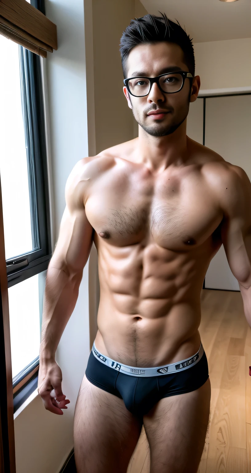 natural male、30 years old、male、Japanese、very handsome、abs、Pectoral muscle、ck black-underwear、sexy pose、body hair、full-length picture,wearing glasses