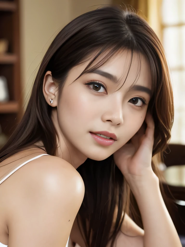 table top、highest quality、real、Super detailed、finely、High resolution、8k wallpaper、one beautiful woman、、light brown messy hair、He is wearing a red see-through dress shirt with an open collar、sharp focus、perfect dynamic composition、beautiful detailed eyes、thin hair、Detailed and realistic skin texture、smile、close up portrait、model body shape、President&#39;s Secretary、miniskirt、high heels、whole body、(Random body orientation)、