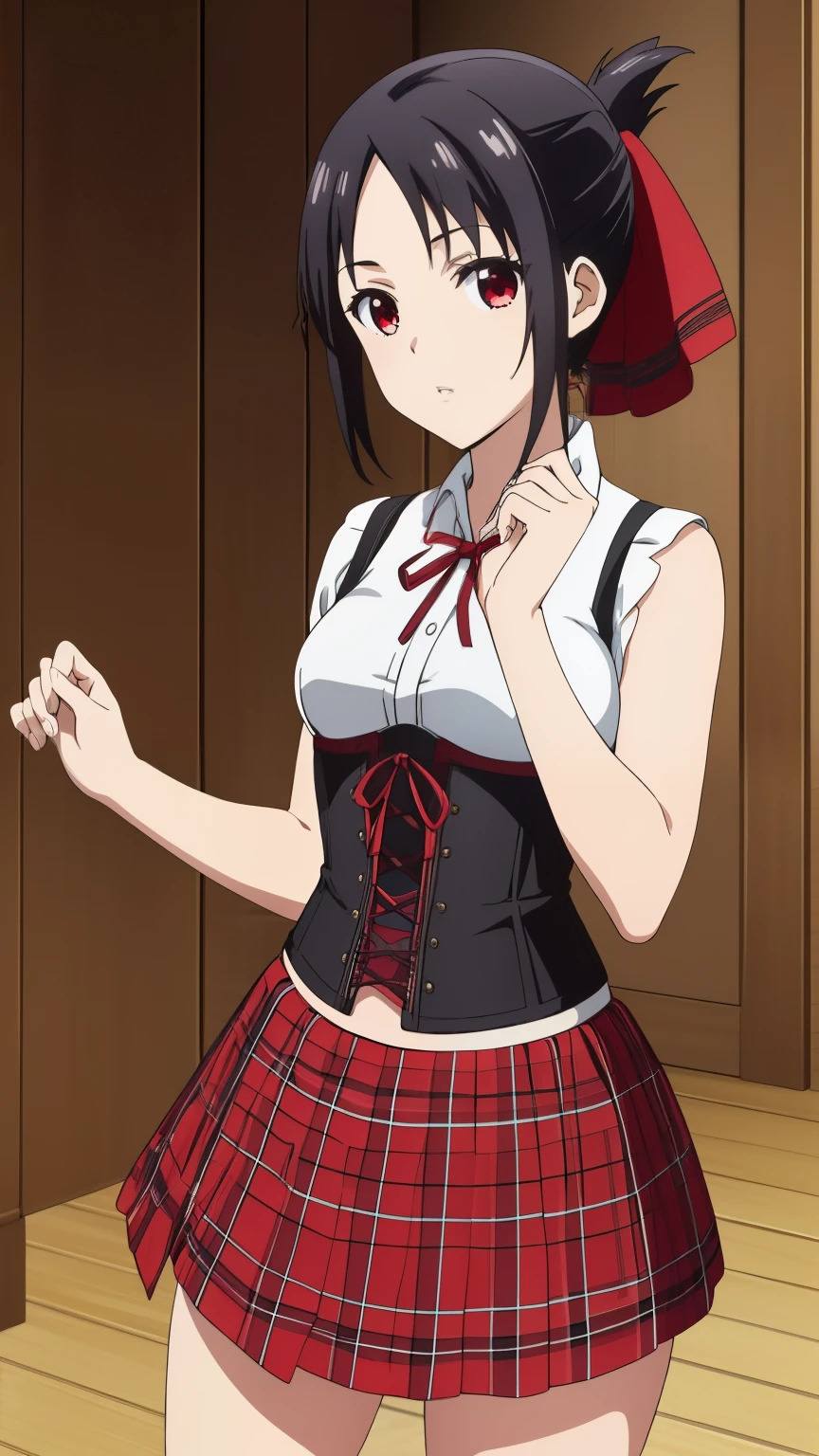 (best quality, masterpiece, 8k:1.2), (anime:1.2), detailed, Shinomiya Kaguya,1girl, solo, (black hair:1.2), side Lock, red eyes, short hair, folded ponytail, red hair ribbon, eye light, small medium breasts, (corset, plaid skirt), 
Definition CG Unity, Perfect lit, bright_front_face_lit,Super detailed, photograph, 8K, nffsw, High resolution, (absurd:1.2), kodak portrait 400, film grain, Lens flare, (lively_color:1.2), looking at the viewer, (cowboy shot:1.2), dynamic angle, 