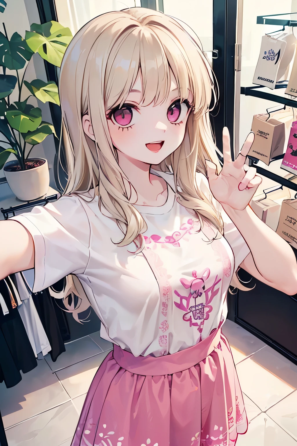 (beautiful young boy:1.3),(Small breasts 1.0),((Lightbeige hair:1.2)),(Medium wave hair:1.1),(pink eyes:1.2),(PRİNCESS:1.1),(short sleeve lace blouse:1.2),(Clothes with botanical patterns:1.25),(A big smile with an open mouth:1.35),(apparel shop,cloth shop:1.25),(Top view:1.1),(Close-up of face:1.0),(Fight pose:1.0).