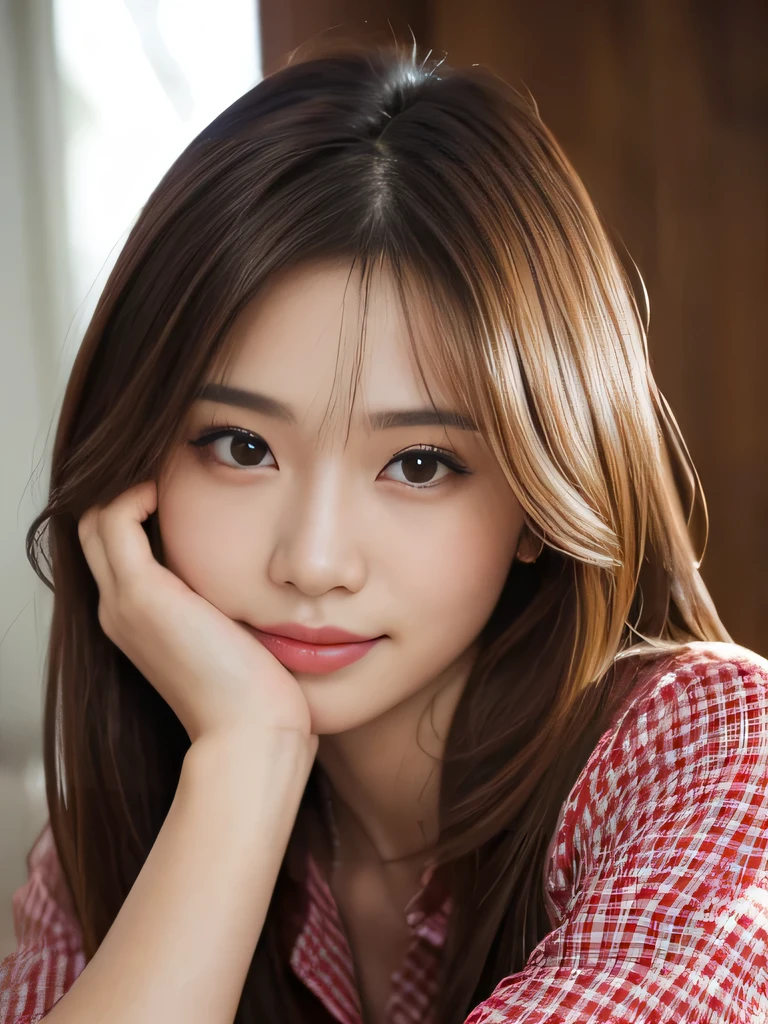 table top、highest quality、real、Super detailed、finely、High resolution、8k wallpaper、one beautiful woman、、light brown messy hair、He is wearing a red see-through dress shirt with an open collar、sharp focus、perfect dynamic composition、beautiful detailed eyes、thin hair、Detailed and realistic skin texture、smile、close up portrait、model body shape、President's Secretary、miniskirt、high heels、whole body、(Random body orientation)、