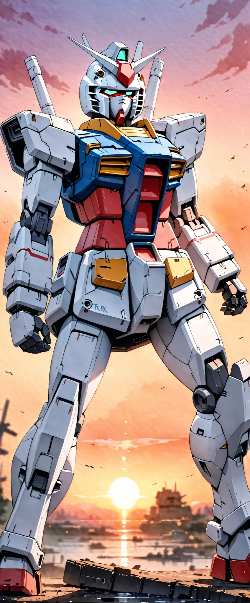 (masterpiece),(Highest quality),(Super detailed:1.2),(Ultra-high resolution),8k,(Best illustrations),(watercolor),(Anime Style),8k,Hard Edge,robot,機動戦士Gundam,Gundam,RX78-2,(((Twin Eye))),(watercolor画の飛沫、Oozing、Blurred、Blotting、Effective use of the fade technique),(Sunset),(Detailed face drawing)