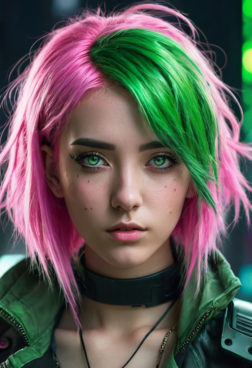 A cyberpunk girl with green hair and pink hair, beautiful detailed eyes, realistic character, alone, modern