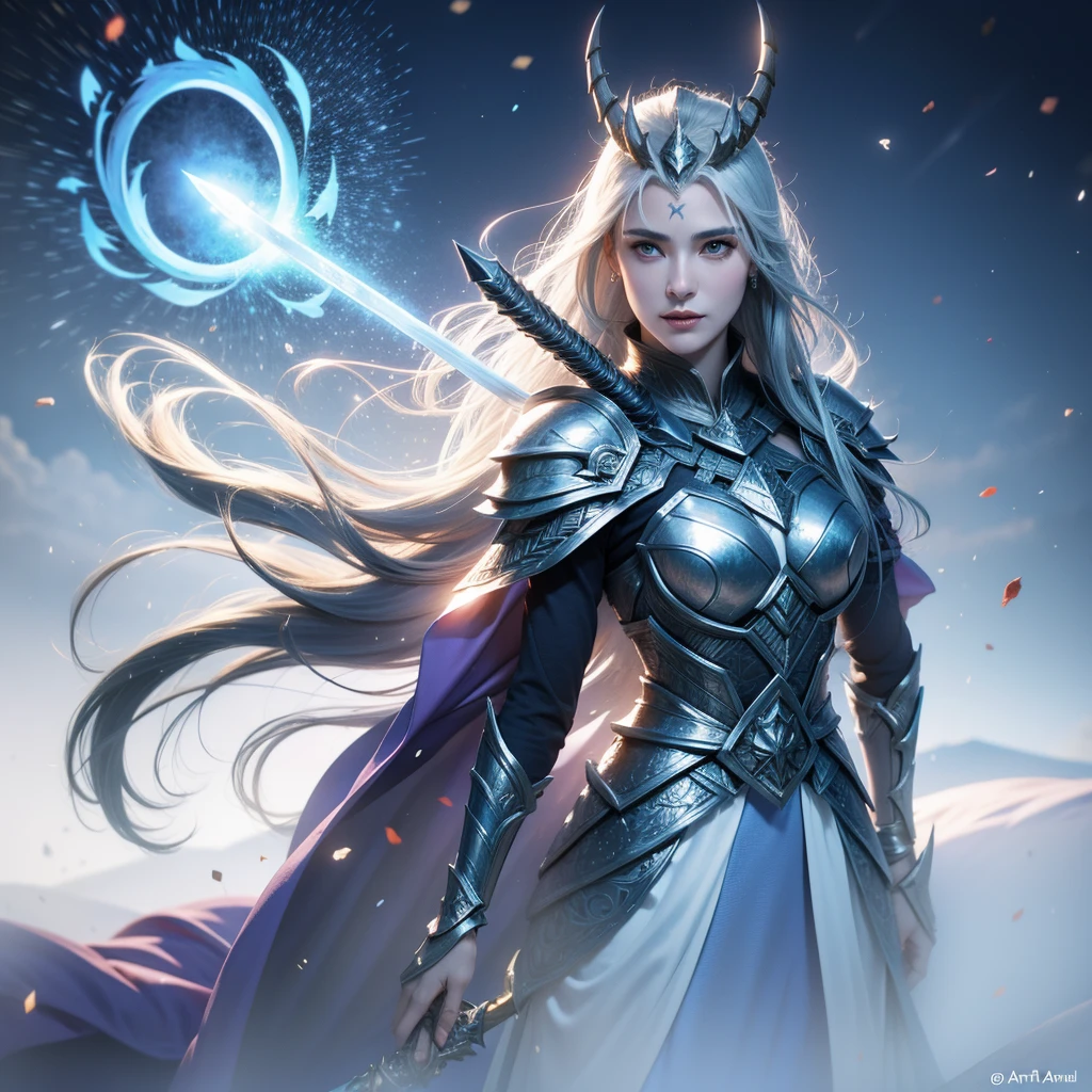 arafed woman with a sword and a horned head in a snowy landscape, concept art by Yang J, Artstation contest winner, fantasy art, a very beautiful berserker woman, queen of ice and storm, beautiful ancient frost witch, north female warrior, hyperdetailed fantasy character, ice sorceress, as a mystical valkyrie, north adult female warrior