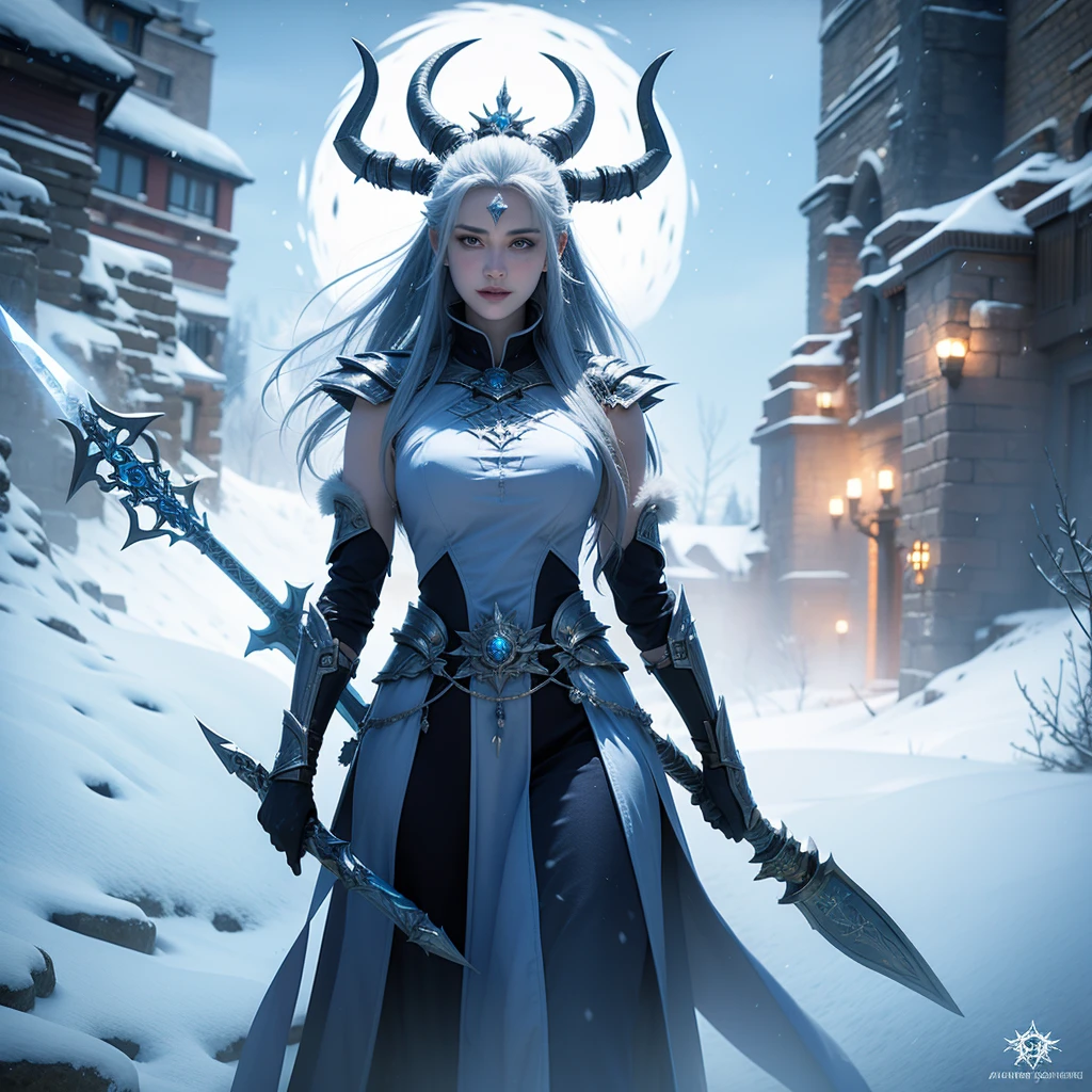 arafed woman with a sword and a horned head in a snowy landscape, concept art by Yang J, Artstation contest winner, fantasy art, a very beautiful berserker woman, queen of ice and storm, beautiful ancient frost witch, north female warrior, hyperdetailed fantasy character, ice sorceress, as a mystical valkyrie, north adult female warrior
