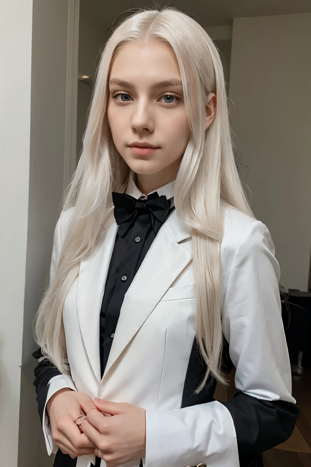 Slender elegant androgynous 17 year old girl in tuxedo with long white hair attractive face androgynous red eyes businesswoman