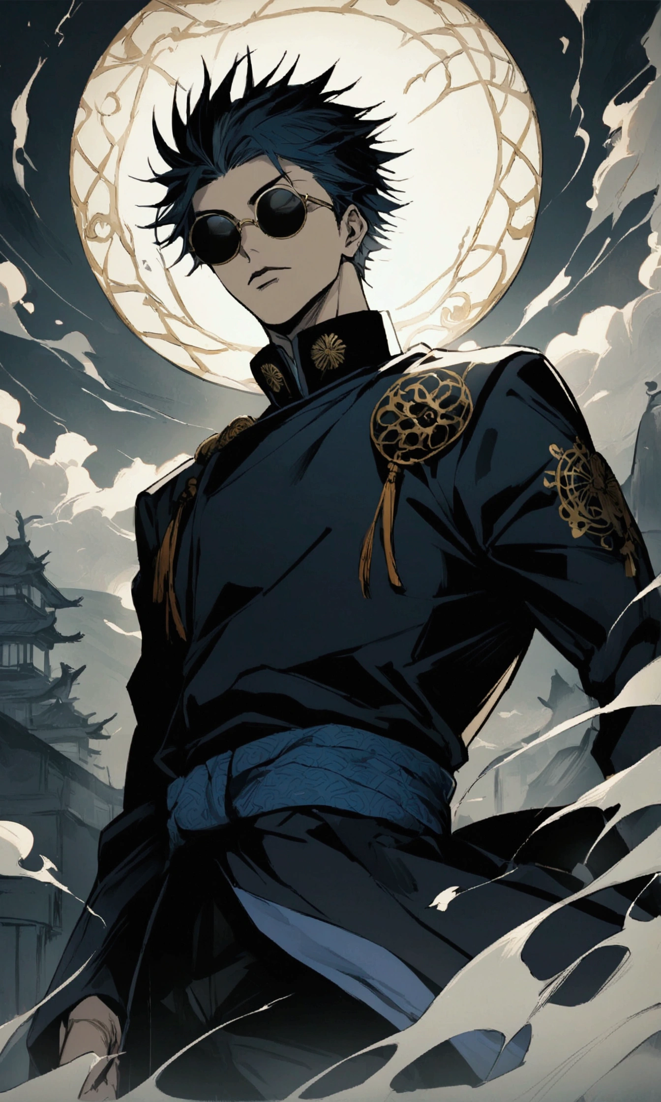 (One boy,Gojo Satoru,JUJUTSU KAİSEN),black round lens sunglasses,artwork