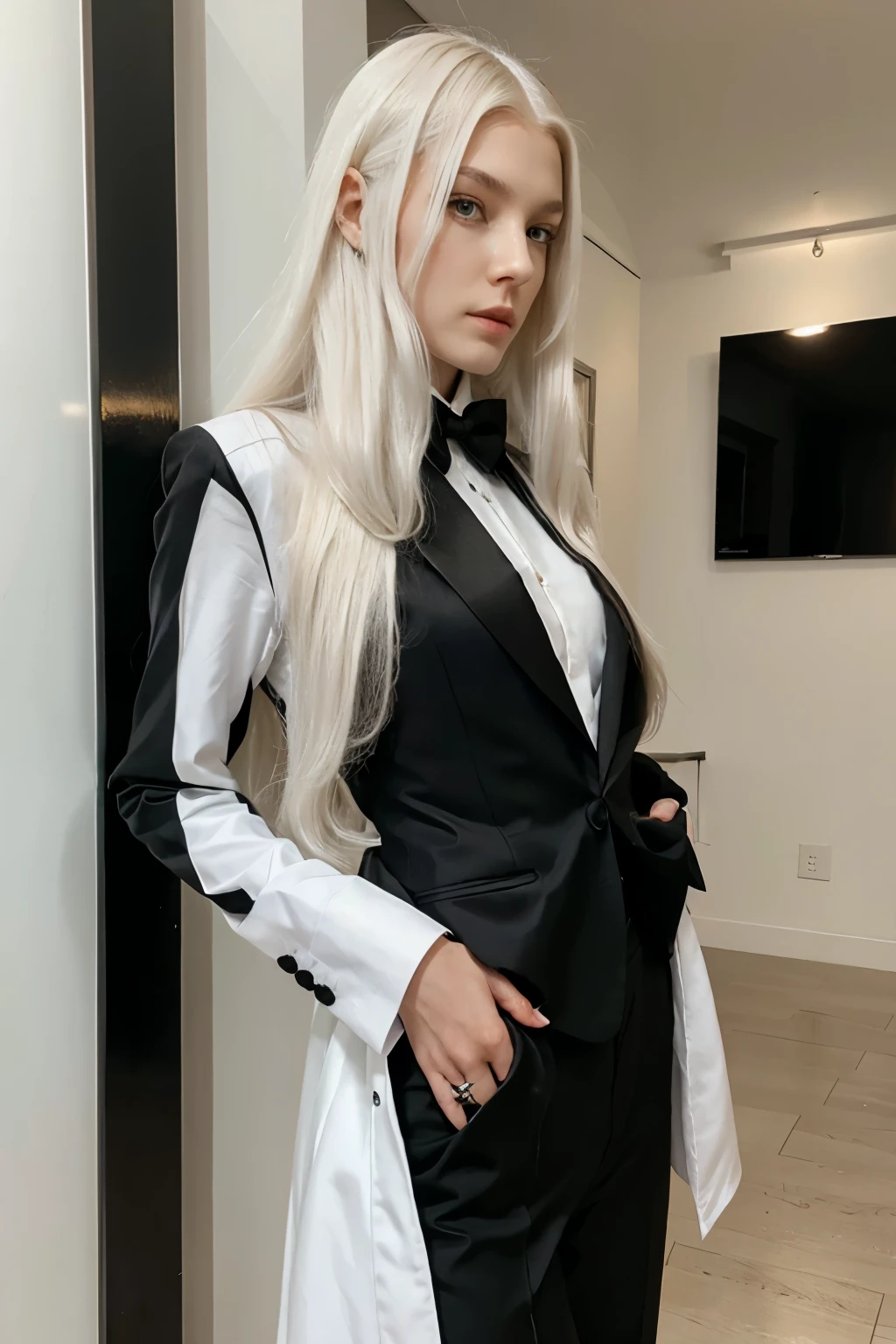 Slender elegant androgynous 17 year old girl in tuxedo with long white hair attractive face androgynous red eyes businesswoman