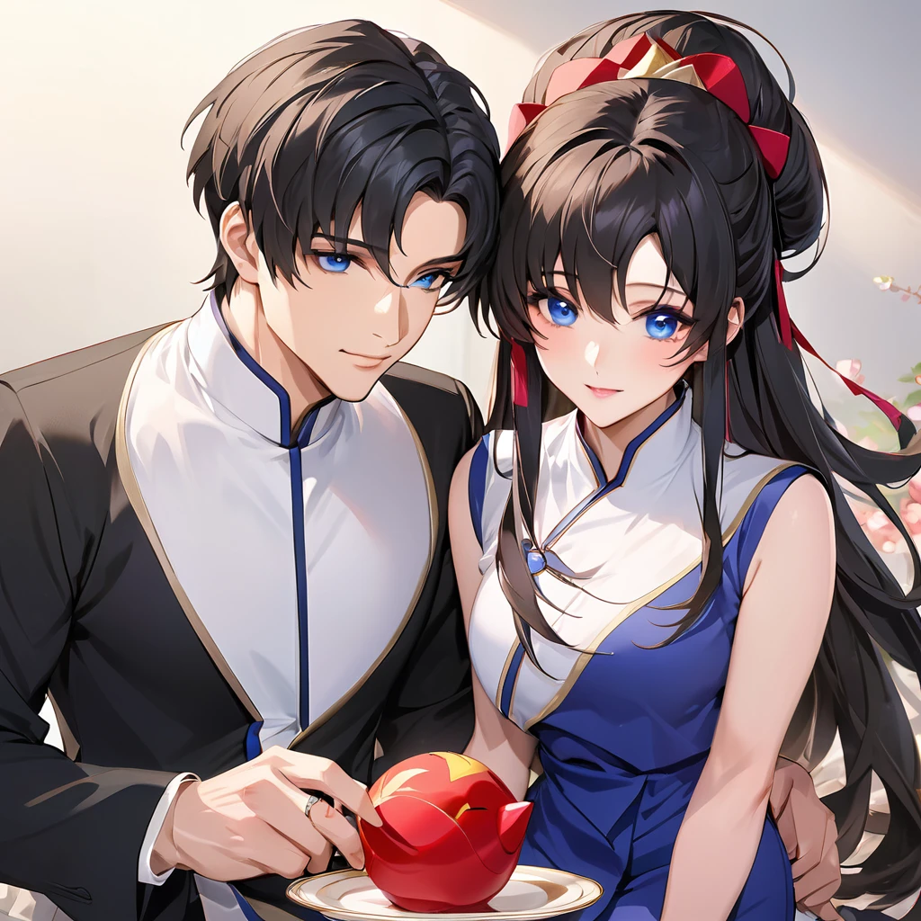 ((Highest quality)), ((masterpiece)), (detailed), (Perfect Face)、The woman is Lacus Clyne, who is married to a Chinese man, and is an ordinary Chinese woman with blue eyes, medium-long black hair, and an engagement ring.、The woman is dressed in typical Chinese clothing.、She married a Chinese man and dyed her hair, hairstyle, clothes, and everything she wore for her husband, and her thoughts were also Chinese, becoming a great Chinese in body and mind.、The woman became Lacus Clyne, a Chinese woman who was proud of and loved her husband and China.、My husband is a great and dignified middle-aged Chinese man.