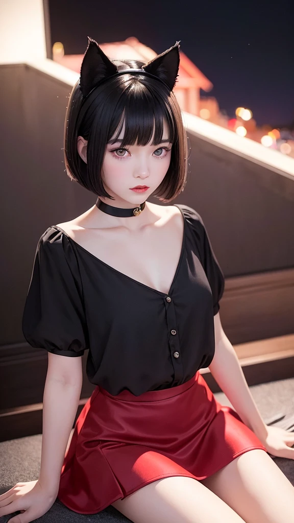 Delicate and dainty young woman with shiny bob-cut black hair and real cat ears. She is wearing red cute wear with mini-skirt. The background is a fantastic and ethereal night sky that seems to be haunted by a specter. Her expression is stern and atmospheric. 10 years old, real photo style, beautiful face