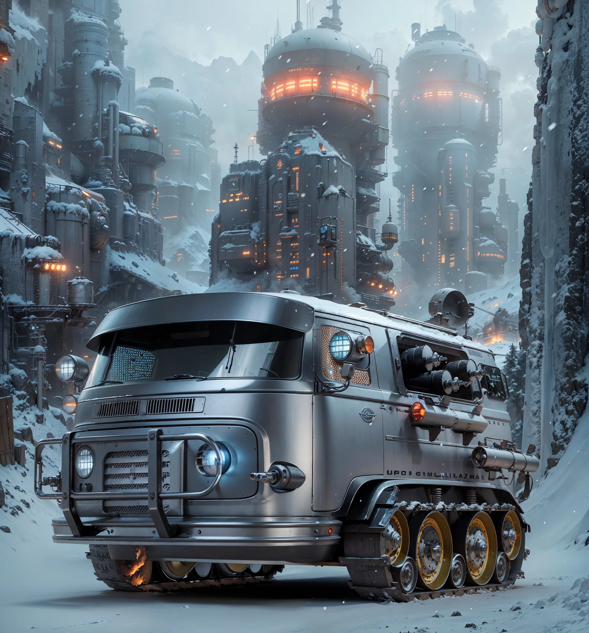 there is a Grunge and large armed Volkswagen Kombi with missiles and machine guns in the side body that is driving through a snowy city, industrial futuristic ice mine, sci-fi highly detailed, futuristic dieselpunk street, rolands zilvinskis 3d render art, sci-fi magic highly detailed, sci-fi car, scifi futuristic vehicles, industrial sci fi, sci-fi digital art illustration, sci-fi digital painting