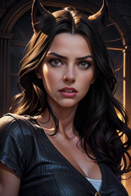 A beautiful woman with long wavy black hair, brown eyes, wearing casual clothes, with cat ears, tail, fangs, and horns, sensual, (best quality,4k,8k,highres,masterpiece:1.2),ultra-detailed,(realistic,photorealistic,photo-realistic:1.37),detailed facial features,detailed eyes and face,extremely detailed eyes and face,longeyelashes,1girl,fantasy,digital painting,concept art,highly detailed,vivid colors,dramatic lighting,chiaroscuro