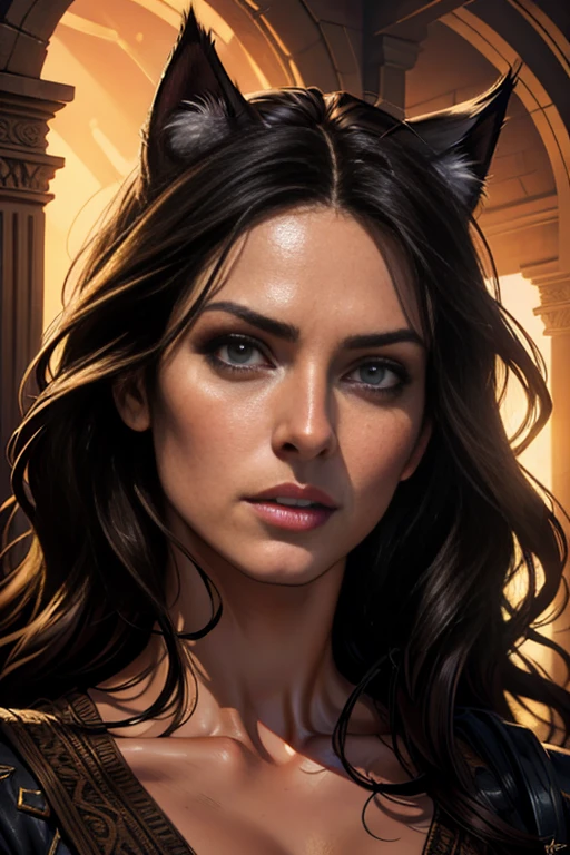 A beautiful woman with long wavy black hair, brown eyes, wearing casual clothes, with cat ears, tail, fangs, and horns, sensual, (best quality,4k,8k,highres,masterpiece:1.2),ultra-detailed,(realistic,photorealistic,photo-realistic:1.37),detailed facial features,detailed eyes and face,extremely detailed eyes and face,longeyelashes,1girl,fantasy,digital painting,concept art,highly detailed,vivid colors,dramatic lighting,chiaroscuro