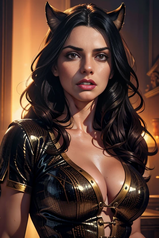 A beautiful woman with long wavy black hair, brown eyes, wearing casual clothes, with cat ears, tail, fangs, and horns, sensual, (best quality,4k,8k,highres,masterpiece:1.2),ultra-detailed,(realistic,photorealistic,photo-realistic:1.37),detailed facial features,detailed eyes and face,extremely detailed eyes and face,longeyelashes,1girl,fantasy,digital painting,concept art,highly detailed,vivid colors,dramatic lighting,chiaroscuro