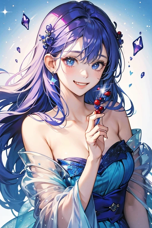 A jelly slightly melted at the top, colored in a gradient beginning with a rich blue and fading to violet. She has a wide grin and a playful wink. Her head is decorated with five berries. SPARKLE; GLITTER