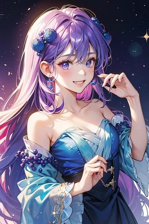 A jelly slightly melted at the top, colored in a gradient beginning with a rich blue and fading to violet. She has a wide grin and a playful wink. Her head is decorated with five berries. SPARKLE; GLITTER