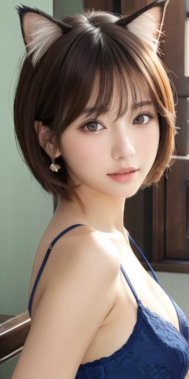 masterpiece、Highest quality、High resolution、Tabletop、wallpaper、Realistic、Bright lighting、Professional Lighting、Face Light、Smooth lighting、Japanese women、Adult、Beautiful woman、action、gravure、sexy、poor、so beautiful、Beautiful Skin、Beautiful and detailed、Detailed face、slim、moderately、short hair、Brunette Hair、Brown eyes、Looking into the camera、Upper body photo、 front、Cat ear、Are standing、Animal hair、kimono、Unbuttoned、Shoulder Bare、Blue bra