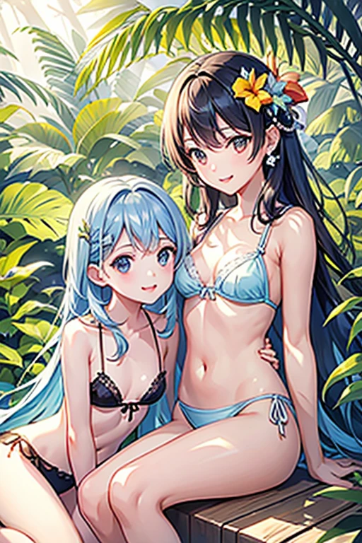 (((masterpiece))), (((The best quality at its best))), ((Super detailed)), (Highly detailed CG illustrations), ((Extremely delicate and beautiful)),(Cute and delicate face),Light,Bright and beautiful atmosphere, Two Girls (, 1. Short-tempered round face), 1 (hair, Surface Effects), Small breasts, Tropical Trees々Hammock in the middle、Overlooking the forest from a high hill、A hammock tied high up 、ハンモックで眠るTwo Girls, "Deltamon_SDXL :0.73) >Deltamon"、(topless)