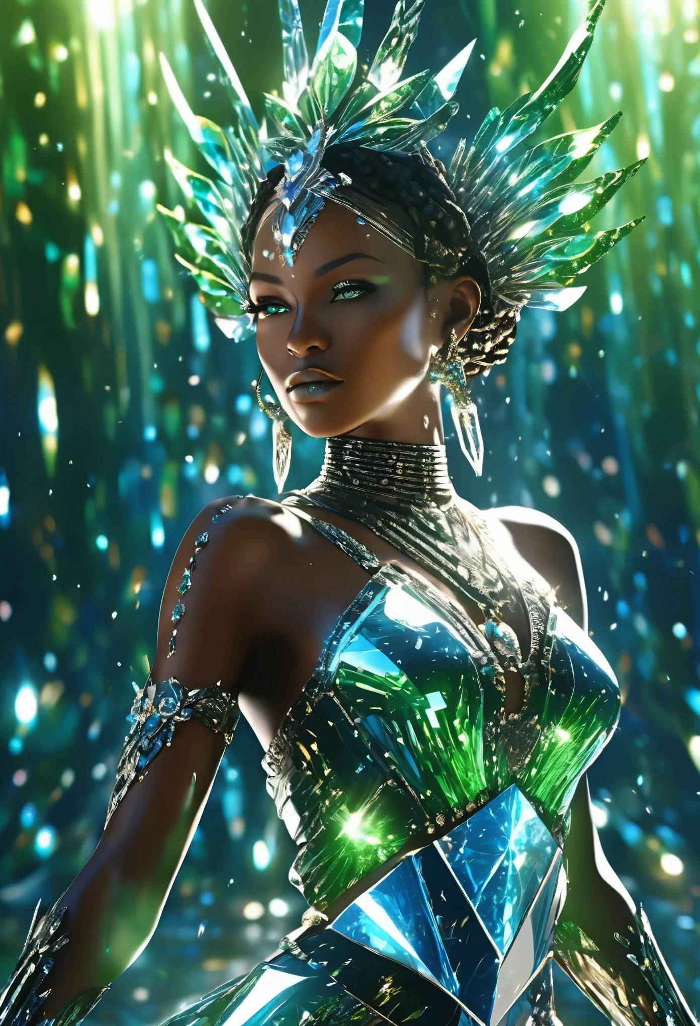 Full body shot of beautiful black woman in african clothes, blue eyes, green light rays shining all over her skin, glittering wet skin, in an empty area full of abstract shaped reflecting crystals with green light rays bouncing on the reflecting crystals,3d animated image in the style of final fantasy 7, very high detailed and clear image, 32k high definition and high resolution images, unreal engine 5 rendered. Hyper-realistic images with high detailed features providing a viewer with a clear high definition well created masterpiece of art..