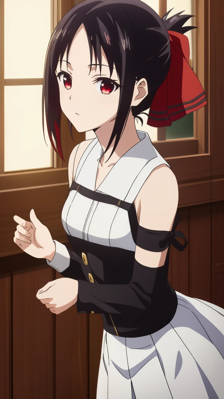 (best quality, masterpiece, 8k:1.2), (anime:1.2), detailed, Shinomiya Kaguya,1girl, solo, (black hair:1.2), side Lock, red eyes, short hair, folded ponytail, red hair ribbon, eye light, small medium breasts, (kyoukai_costume), 
Definition CG Unity, Perfect lit, bright_front_face_lit,Super detailed, photograph, 8K, nffsw, High resolution, (absurd:1.2), kodak portrait 400, film grain, Lens flare, (lively_color:1.2), looking at the viewer, (cowboy shot:1.2), dynamic angle, 