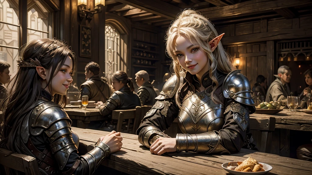 masterpiece, rest, best quality, Very detailed, Super real, 16K, high resolution, Pub,Beautiful female elf,Openwork leather armor,回声 is sitting in a tavern, Smiling Face,Relax,Soft lighting