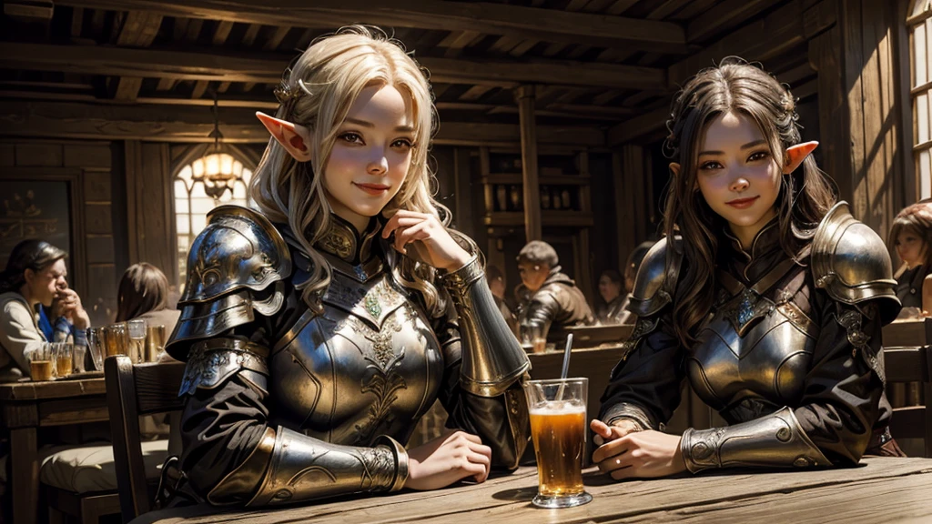 masterpiece, rest, best quality, Very detailed, Super real, 16K, high resolution, Pub,Beautiful female elf,Openwork leather armor,回声 is sitting in a tavern, Smiling Face,Relax,Soft lighting