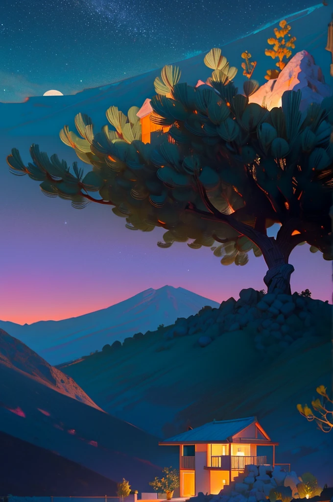 small and beautiful modern house in top of big boulders, terraces, pool, stairs, multiple cacti gardens, palms, trees, rocks, beautiful landscape design, mountains and volcano y background, amazing clouds, sun, moon, planets, milky way galaxy, concrete, wood, glass and steel materials, olive green, violet, orange and withe colors in facade