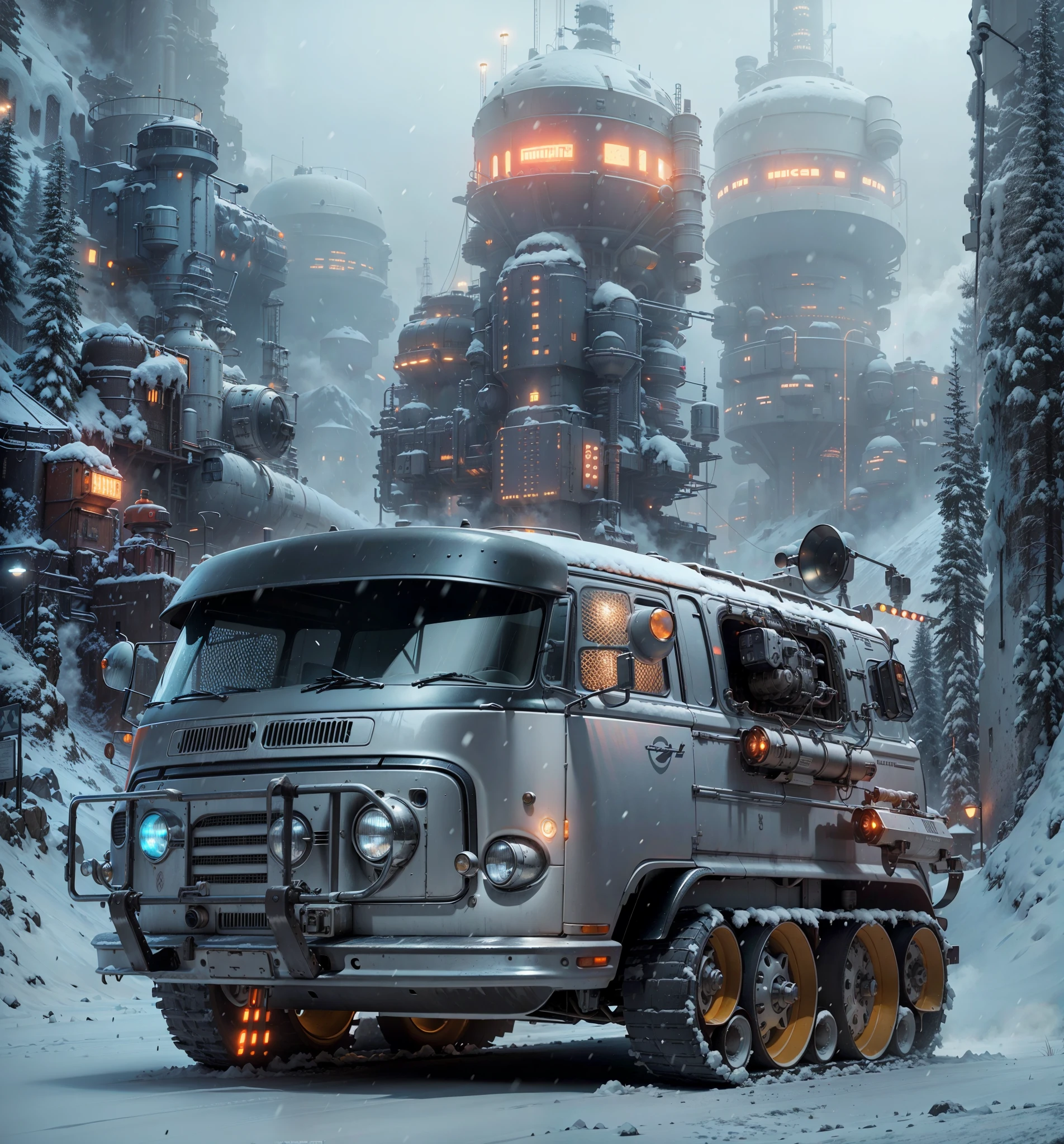 there is a Grunge and large armed Volkswagen Kombi with the head lights on with missiles and machine guns in the side body that is driving through a snowy city, industrial futuristic ice mine, sci-fi highly detailed, futuristic dieselpunk street, rolands zilvinskis 3d render art, sci-fi magic highly detailed, sci-fi car, scifi futuristic vehicles, industrial sci fi, sci-fi digital art illustration, sci-fi digital painting
