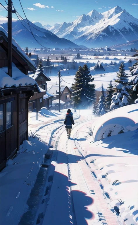 2 personas Un chico y una chica jugando in the snow, in with a town surrounded by mountains covered with white snow, an image of Makoto Shinkai, trend on pixiv, conceptual art, guweiz style artwork, Guweiz and Makoto Shinkai, Sakimichan and Makoto Shinkai, ( ( Makoto Shinkai ) ), in the snow, beautiful anime scene