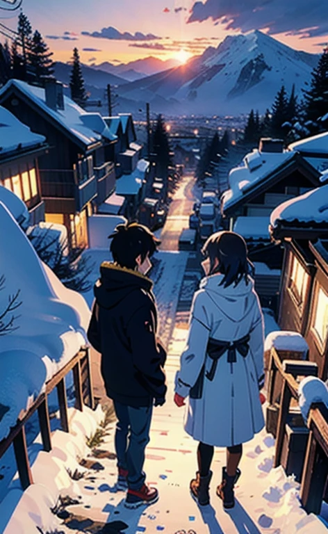 2 personas Un chico y una chica jugando in the snow, in with a town surrounded by mountains covered with white snow, an image of Makoto Shinkai, trend on pixiv, conceptual art, guweiz style artwork, Guweiz and Makoto Shinkai, Sakimichan and Makoto Shinkai, ( ( Makoto Shinkai ) ), in the snow, beautiful anime scene