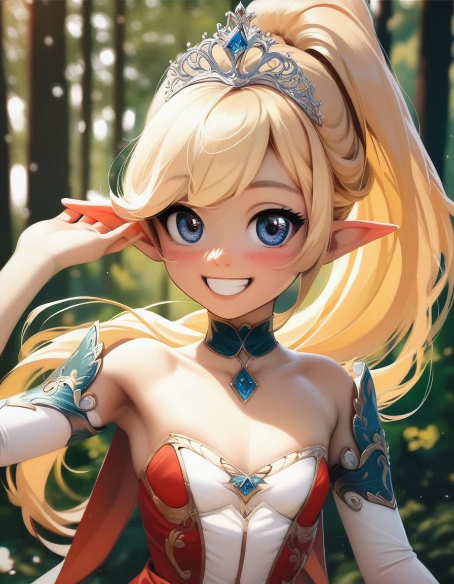 score_9, score_8_up, score_7_up, boring_sdxl_v1, looking at viewer, elf, blonde hair, straight hair, bangs, long hair, blush, (blurry background, forest background, trees, simple background ), masterpiece, high quality, large eyes, pointy ears, , small breasts, choker, volumetric lighting, cinematic lighting, 1girl, neolight, , ponytail, happy, smile, fancy dress,, tiara, high class woman, upper body, white tights, boots, one arm up