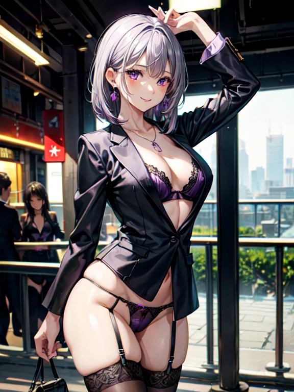 8K, (RAW photo, masterpiece, best quality:1.6), Japanese, 1 lady, masterpiece, best quality, beautiful eyes, (Perfect Anatomy), (shiny skin, detailed skin),

(black hair1.8), center-parted short bob:1.5, purple eyes, 

(black blazer:1.8), open clothing, (purple & black panties, thong, purple & black bra, black garter stockings:1.5), 
(Silver chain necklace with small purple charm, simple silver earrings, silver bracelet),
beautiful lawyer, 

busty, sexy body, random porn pose, standing, 

(lovely smile), 

face light, cinematic lighting, sharp focus,

(beautiful scenery), daytime,  (train station), ticket gate, very wid, panorama view, sense of depth, long shot, magnificent view, depth of field, bokeh, blurry background, 