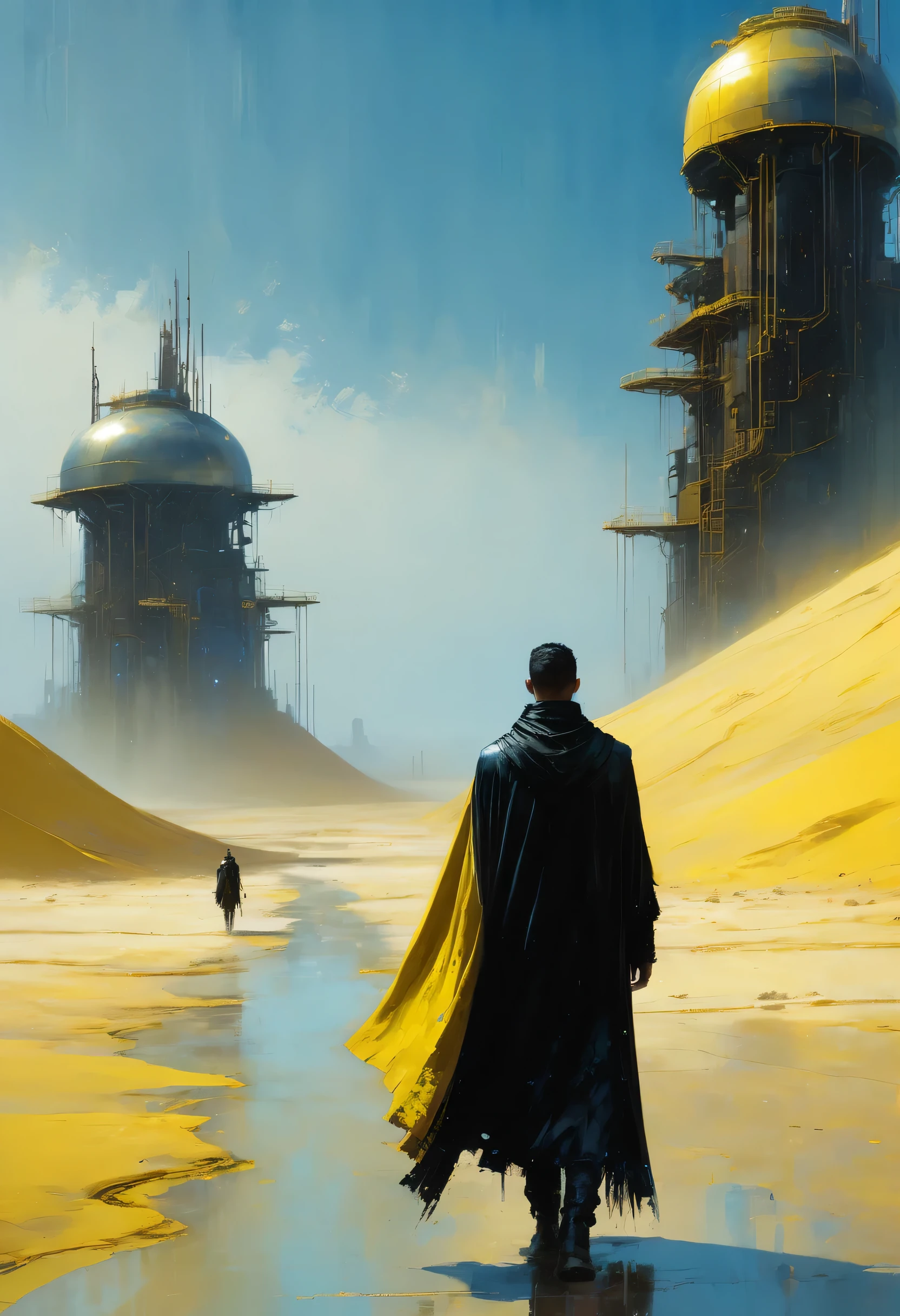 Pixelart por Jeremy Mann, Man in black cape in the yellow desert walking alone finding a new city in the sands, mostly blue tones and small details in yellow, 4D high relief texture painting, construction, construction site, Building in the background, floor, 8k, 4D, futuristic, water tank in the background, ornate desert, aerial view, view from far away, photorealism, abstract impressionism