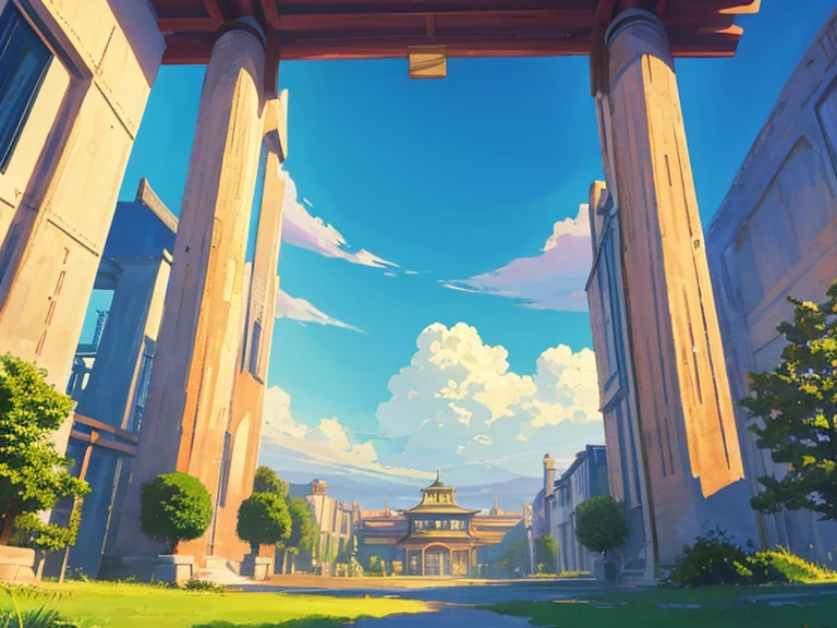 animesque、beautiful seaside steampunk observatory、Landscape without buildings、(no people:1.5), You can see the touch of the brush、studio ghibli、Ghibli、Scenery、Style、Golden Time、sky line