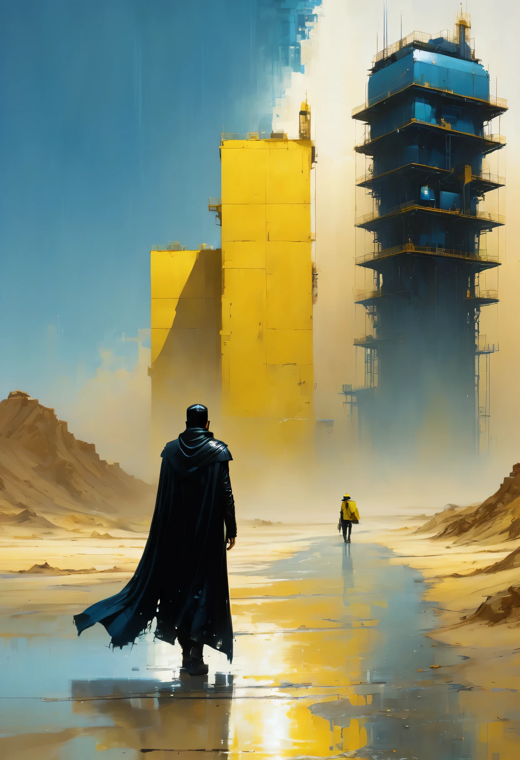 Pixelart por Jeremy Mann, Man in black cape in the yellow desert walking alone finding a new city in the sands, mostly blue tones and small details in yellow, 4D high relief texture painting, construction, construction site, Building in the background, floor, 8k, 4D, futuristic, water tank in the background, ornate desert, aerial view, view from far away, photorealism, abstract impressionism