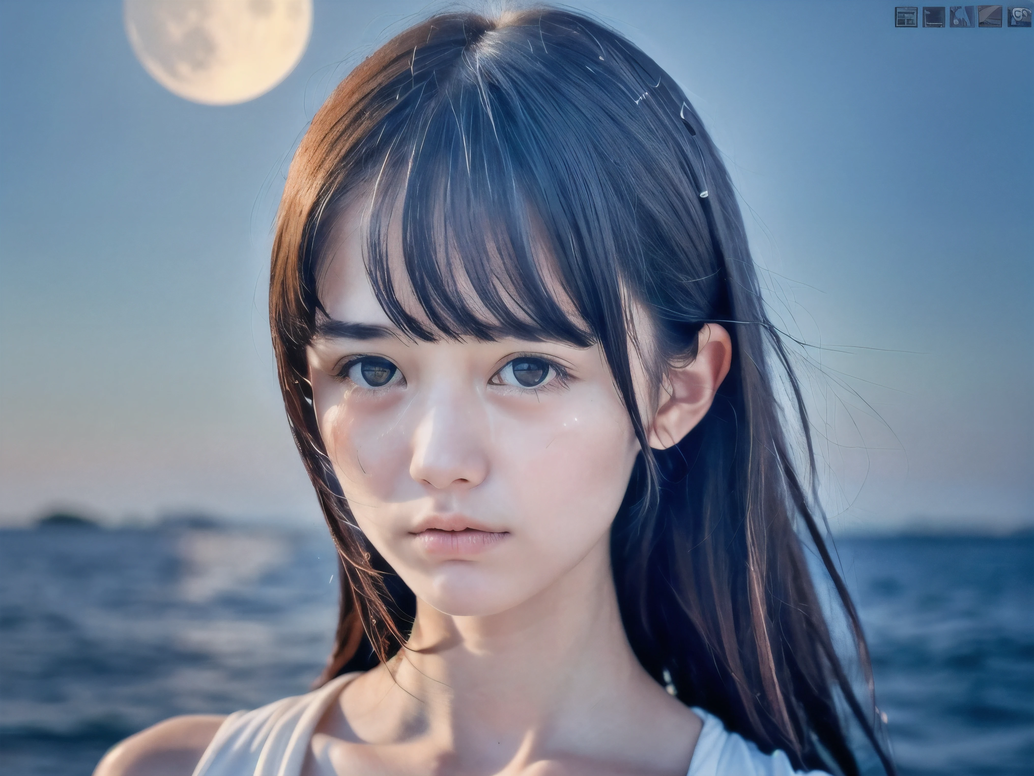 (Close up face shot of slender small-breasted dark silver long hair with swept bangs girl wearing a white summer dress:1.5)、(One girl is turn around and crying face with tears at the cape of the sea in Japan:1.5)、(Beautiful full moon night on the sea:1.5)、(blurred background:1.5)、(8k ultra detailed master piece:1.5)、(perfect anatomy:1.5)、(Photorealistic stick:1.5)、(Raw photo:1.3)、(highest quality:1.5)、(High resolution:1.3)、(Delicate and beautiful perfect face:1.3)、(Delicate and beautiful eye air skin:1.3)、(Real Human Skin:1.3)、((thin legs))