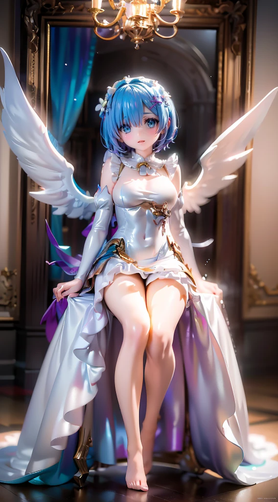 Ultra-realistic photo of a girl in a majestic white and golden ball gown dress, Big beautiful dress, Lots of frills and rhinestones、Intricately voluminous ball gown (Highest quality, Tabletop, ((Angel Wings:1.2))。 Art Station, Fantasy art:1.2), Palace Room, Beautiful cute girl, Rem from Re:Zero、(Blue Shorthair:1.3), One eye is hidden by his bangs、(Intricate short gold skirt, barefoot:1.2, Full Body Shot)、Very large breasts、Height 150cm、Beautiful Eyes、Detailed eyes、