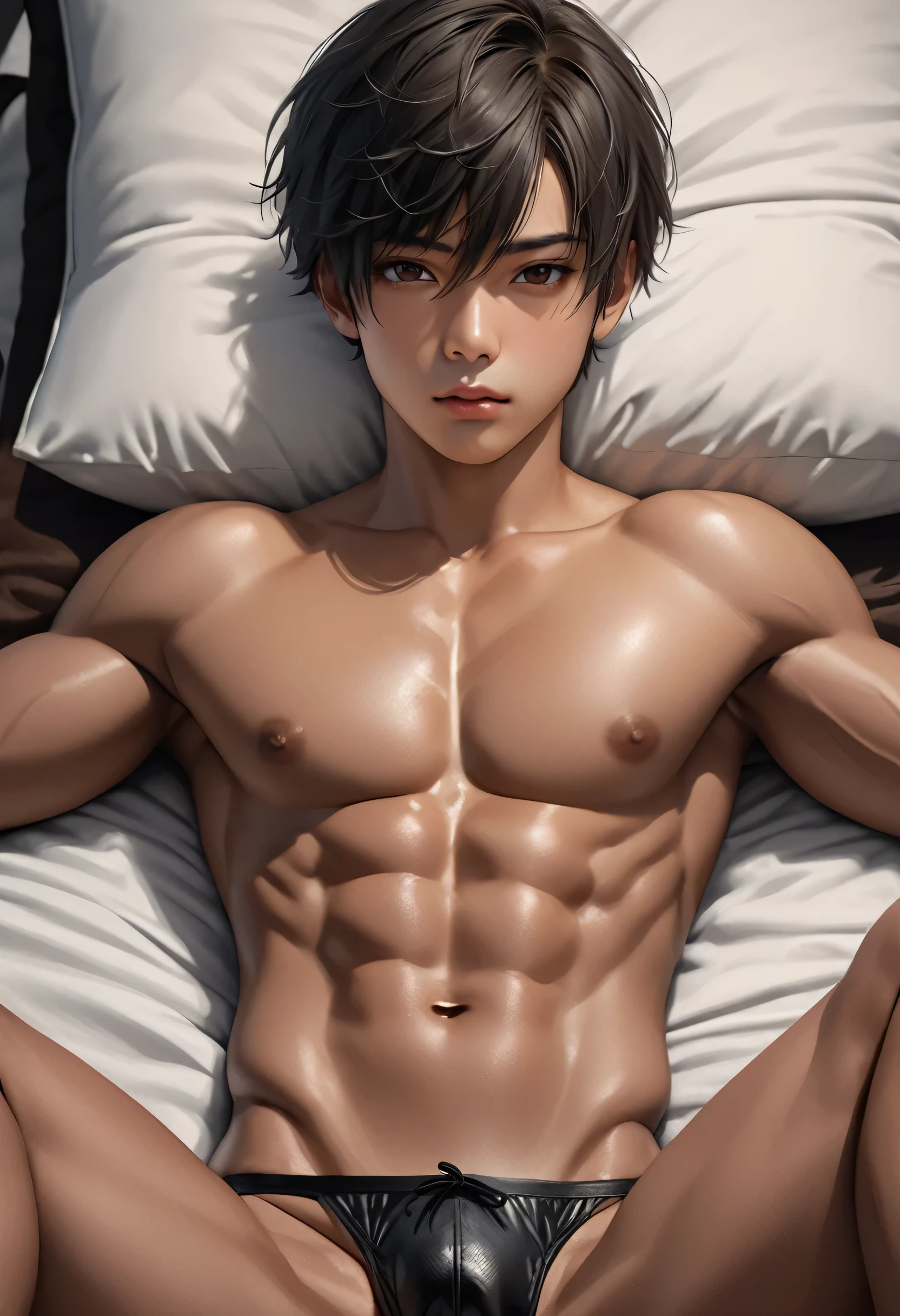 high quality, detailed, Realistic,(one tanned japanese boys:1.5), (tanned face), (detailed black eyes), (black short hair), (muscle:1.2), (tanned dark brown skin), night bed, (black tiny thong), (bulge), (detailed nipples), (detailed areola), best quality, 4k, 8k, highres, (masterpiece:1.2),ultra-detailed, (realistic, photorealistic, photo-realistic:1.37), looking at viewer, (face close up:0.7),--no watch,