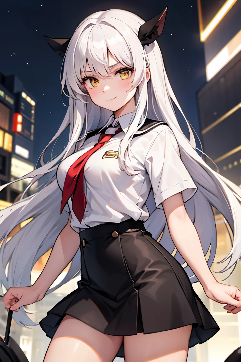 a student girl, white hair, yellow eyes, serious smile